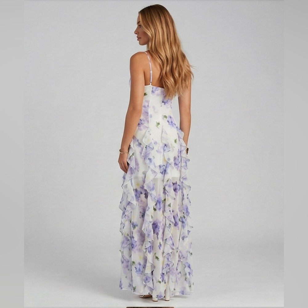 Floral V-Neck Tiered Ruffle Gown Maxi Dress | Purple & White - Picture 6 of 9